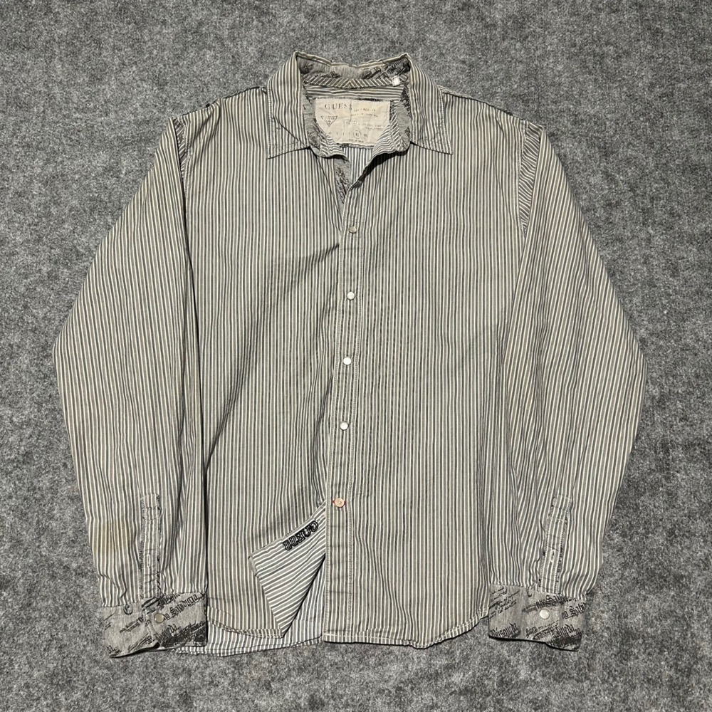 Guess Los Angeles Striped Pearl Snap Button Up Shirt Grey White Mens XL